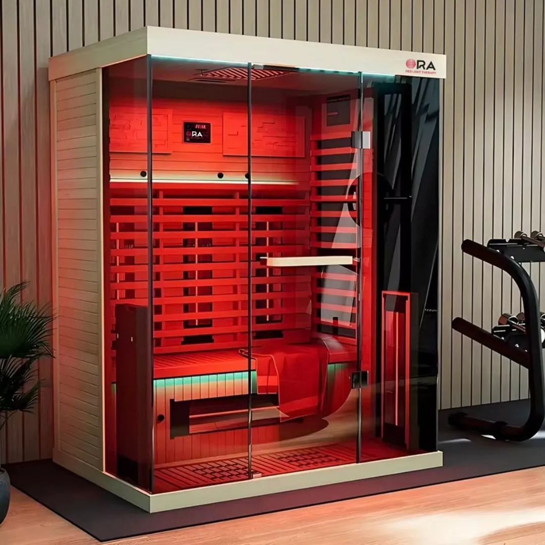 ORA 2-Person Infrared Sauna lit red in a home gym