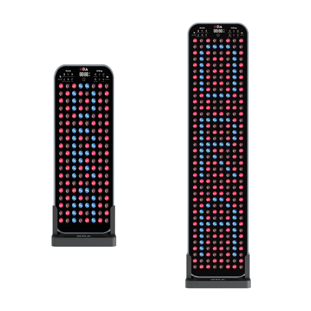 Two ORA red light therapy panels in different sizes, standing upright on their bases, with red and blue LEDs