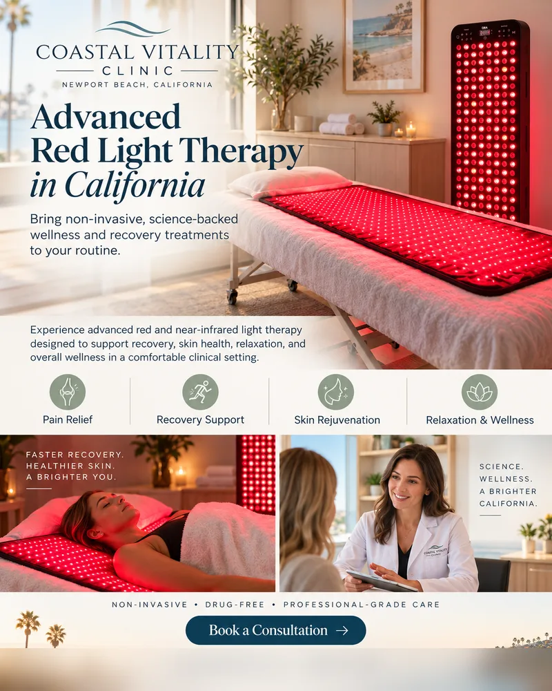 Sample flyer design, “Coastal Vitality”: red light bed and panel, no price shown