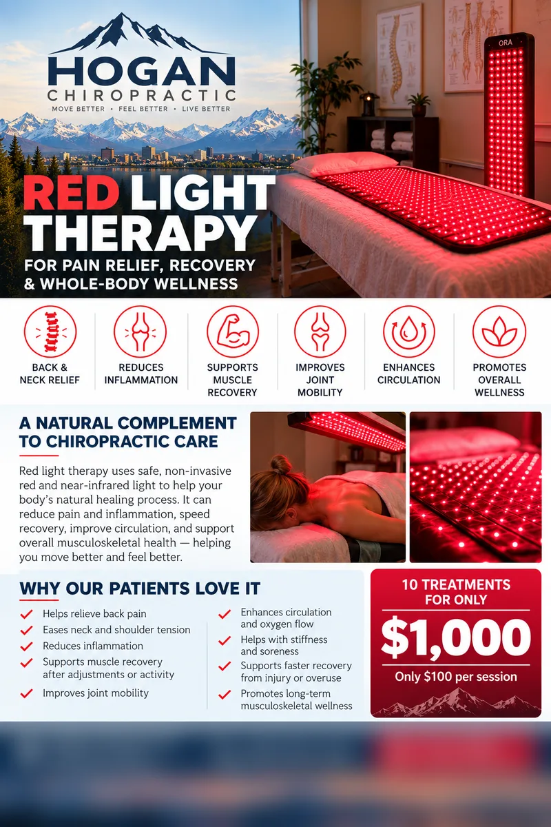 Sample flyer design, “Hogan Chiropractic”: red light as a complement to chiropractic care. Illustrative layout only; its wellness claims are the sample's, not ours