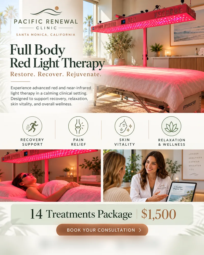 Sample flyer design, “Pacific Renewal”: full-body red light, 14-treatment package